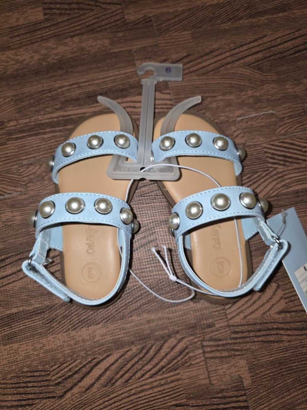 Girls Light Blue Sandals With Pearl Studs Size 6 Adjustable Strap Cat & Jack